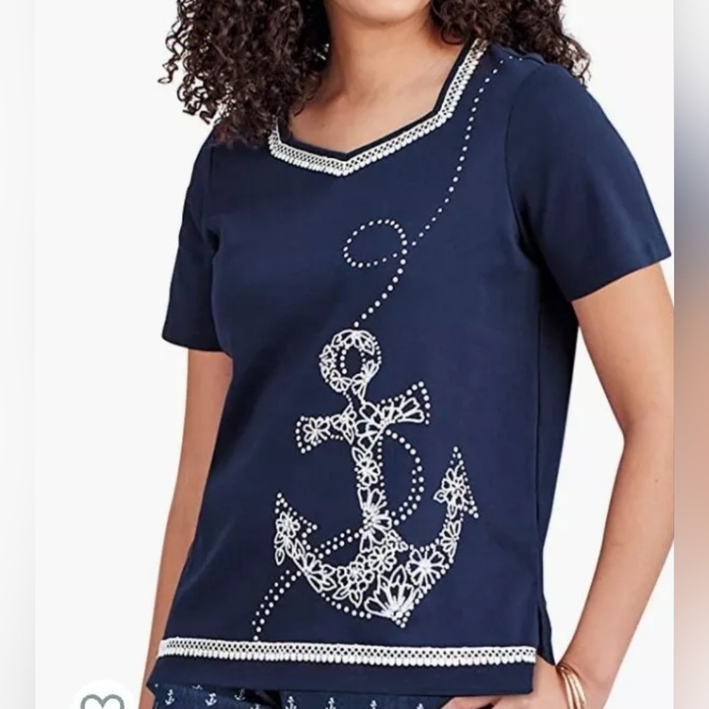 Alfred Dunner Size PS Navy Anchors Away Short Sleeve Top $22 - Picture 1 of 7